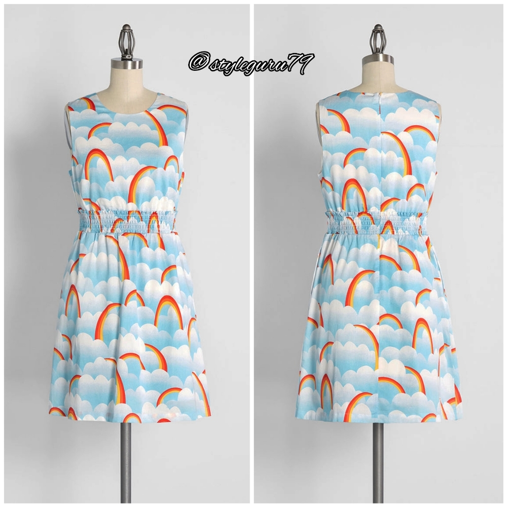 NWT, Modcloth, Dreamscape Rainbow Clouds Sky Fit and Flare Sleeveless Mini Dress